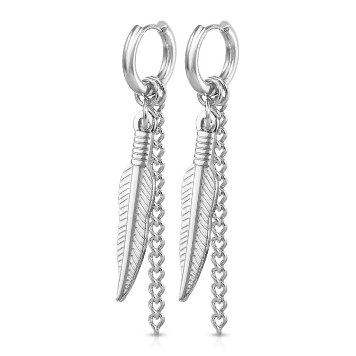 Boucles d'Oreilles Créoles Clicker Acier Argenté – Pendentif Plume & Chaînette | Piercing Street