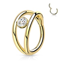 Anneau Clicker Oreille Acier Doré PVD – Double Anneau & Zircon Central | Piercing Street
