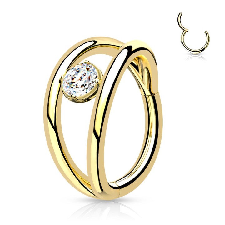 Anneau Clicker Oreille Acier Doré PVD – Double Anneau & Zircon Central | Piercing Street