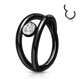 Anneau Clicker Oreille Acier Noir PVD – Double Anneau & Zircon Central | Piercing Street