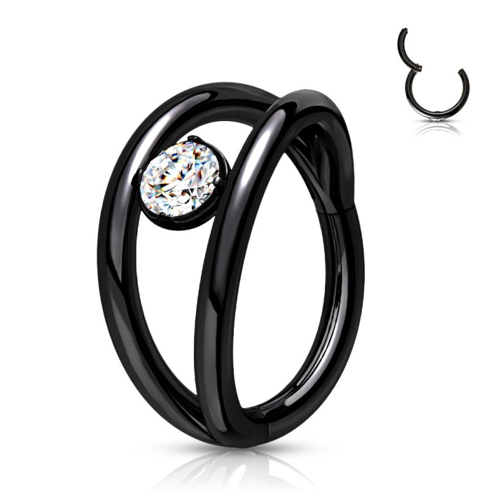 Anneau Clicker Oreille Acier Noir PVD – Double Anneau & Zircon Central | Piercing Street