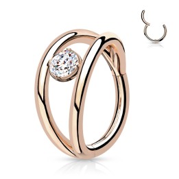 Anneau Clicker Oreille Acier Rose Gold PVD – Double Anneau & Zircon Central | Piercing Street