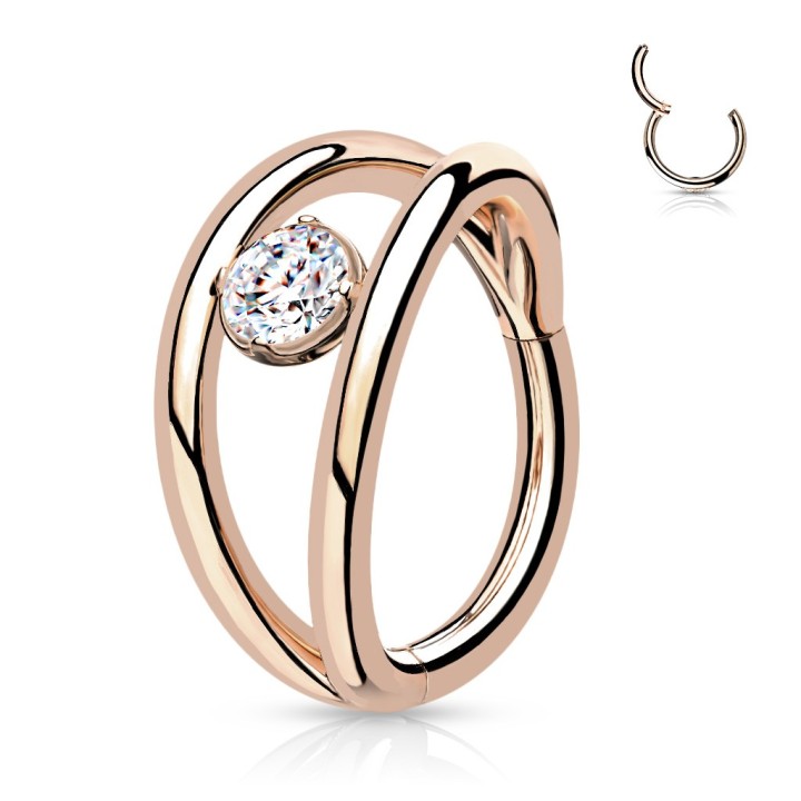 Anneau Clicker Oreille Acier Rose Gold PVD – Double Anneau & Zircon Central | Piercing Street