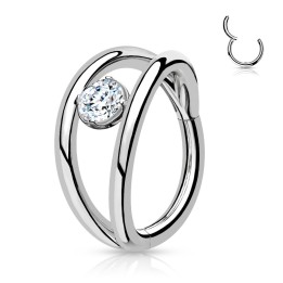 Anneau Clicker Oreille Acier Argenté – Double Anneau & Zircon Central | Piercing Street