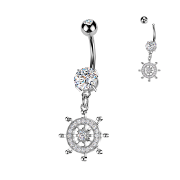 Piercing Nombril Acier 316L Argenté – Pendentif Roue de Gouvernail Pavé Zircons | Piercing Street