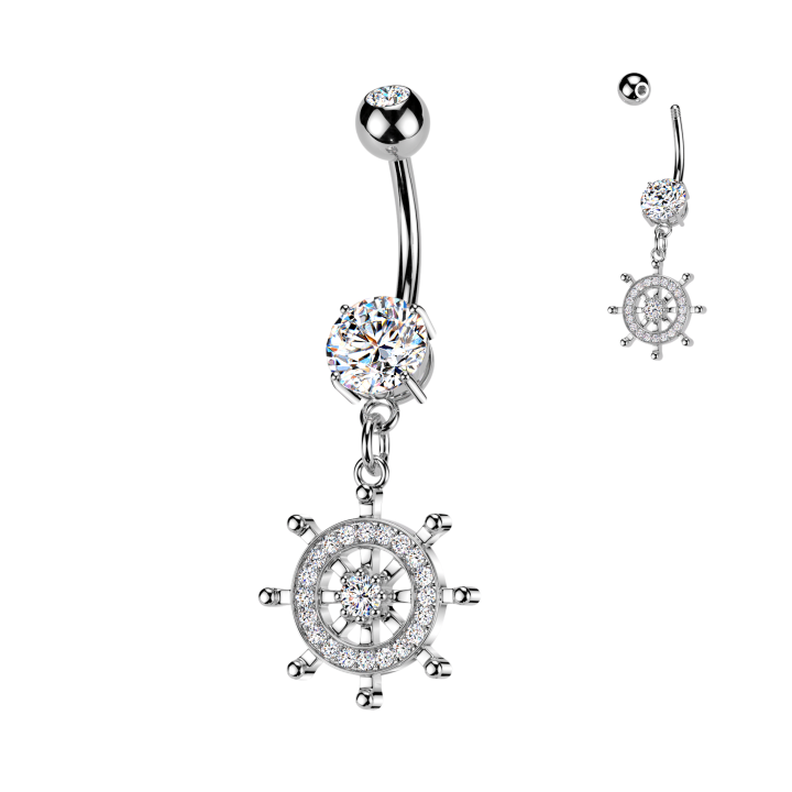 Piercing Nombril Acier 316L Argenté – Pendentif Roue de Gouvernail Pavé Zircons | Piercing Street