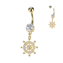 Piercing Nombril Acier 316L Doré Or 14K – Pendentif Roue de Gouvernail Pavé Zircons | Piercing Street