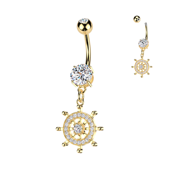 Piercing Nombril Acier 316L Doré Or 14K – Pendentif Roue de Gouvernail Pavé Zircons | Piercing Street