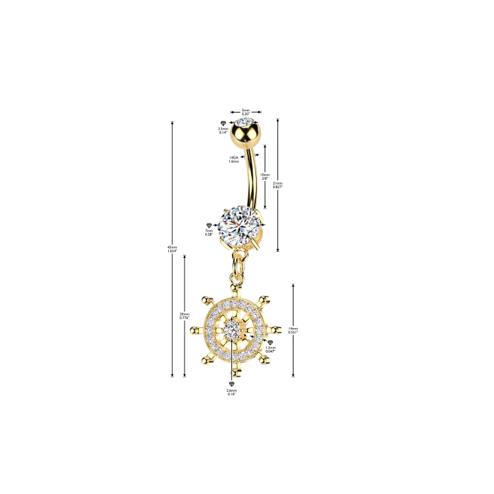 Piercing nombril acier doré roue de gouvernail zircons blancs - Dimensions