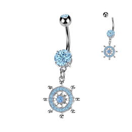 Piercing Nombril Acier 316L Argenté – Pendentif Roue de Gouvernail Pavé Zircons Aqua | Piercing Street