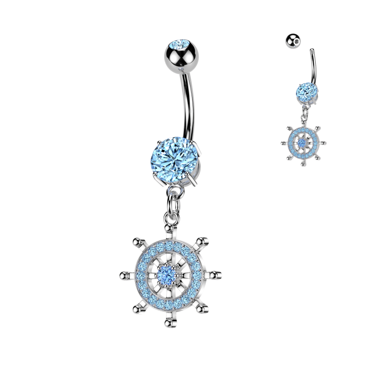 Piercing Nombril Acier 316L Argenté – Pendentif Roue de Gouvernail Pavé Zircons Aqua | Piercing Street