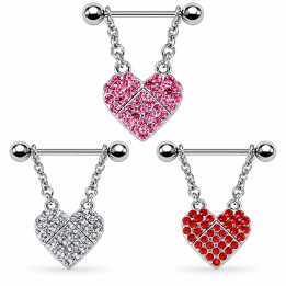 Piercing Téton Barbell Acier 316L – Chaînettes Pendentif Cœur Pavé Zircons | Piercing Street