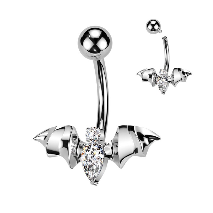 Piercing Nombril Titane ASTM F136 Argenté – Chauve-Souris Zircons Blancs | Piercing Street