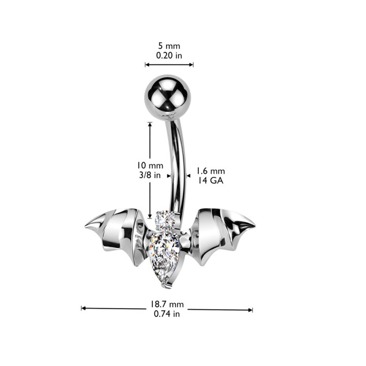 Dimensions du piercing nombril titane chauve-souris