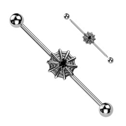 Piercing Industriel Barbell Argenté – Connecteur Toile d’Araignée & Zircon Noir | Piercing Street
