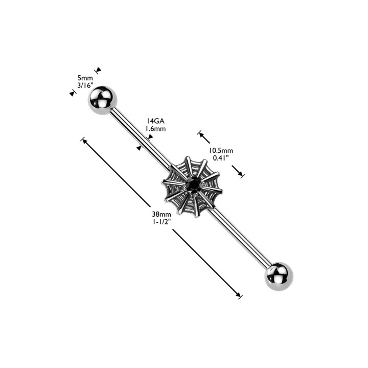 Piercing industriel toile d'araignée zircon noir - dimensions