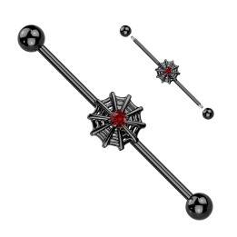 Piercing Industriel Barbell Noir PVD – Connecteur Toile d’Araignée & Zircon Rouge | Piercing Street
