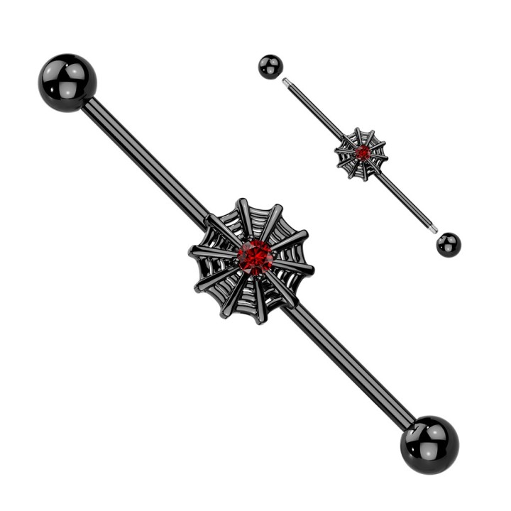 Piercing Industriel Barbell Noir PVD – Connecteur Toile d’Araignée & Zircon Rouge | Piercing Street