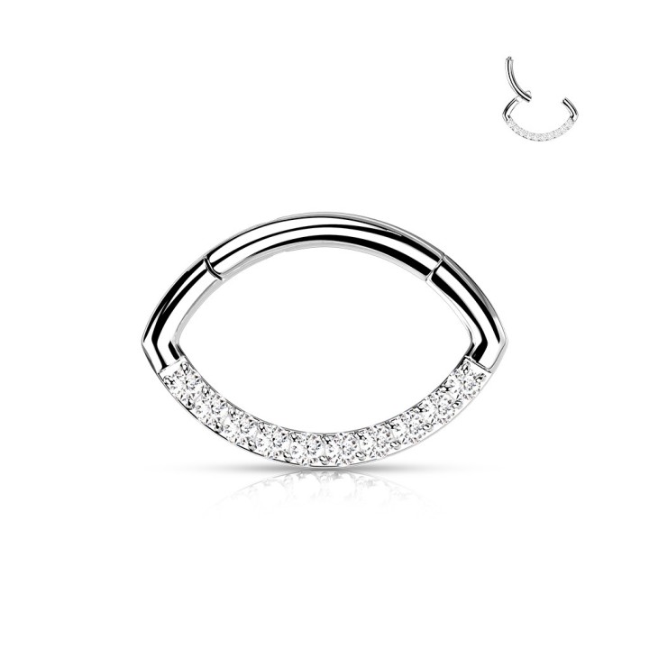 Anneau Clicker Ovale Titane ASTM F136 Argenté – Ligne de Zircons Blancs | Piercing Street