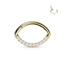 Anneau Clicker Ovale Titane ASTM F136 Doré PVD – Ligne de Zircons Blancs | Piercing Street