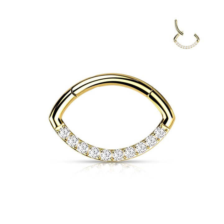 Anneau Clicker Ovale Titane ASTM F136 Doré PVD – Ligne de Zircons Blancs | Piercing Street