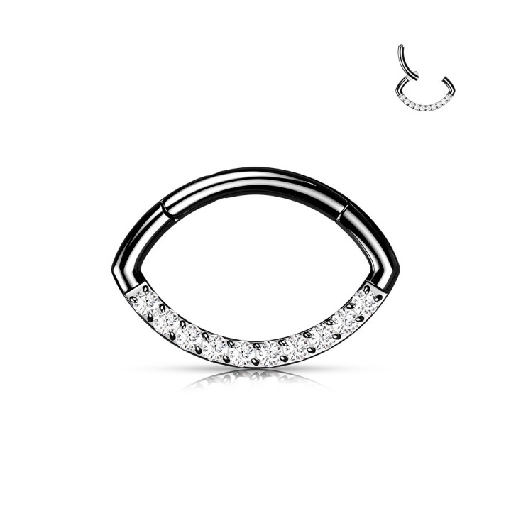 Anneau Clicker Ovale Titane ASTM F136 Noir PVD – Ligne de Zircons Blancs | Piercing Street