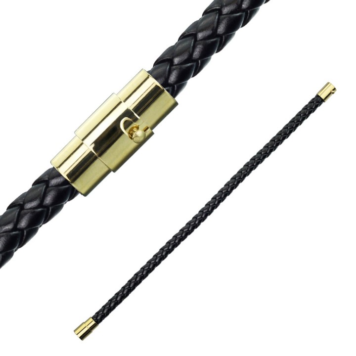Bracelet cordon Bolo tressé noir fermeture dorée - vue en longueur