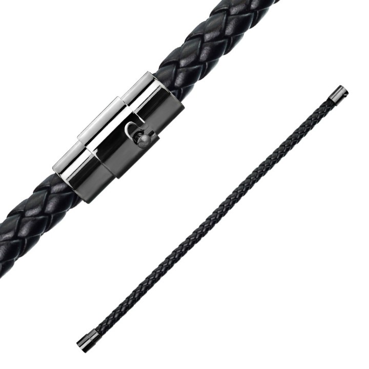 Bracelet cordon Bolo tressé noir fermeture noire - vue en longueur