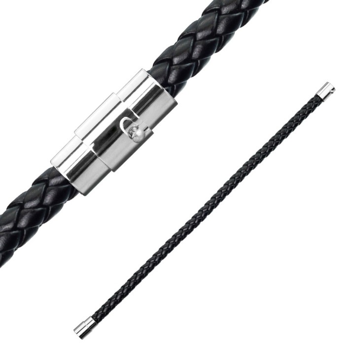 Bracelet cordon Bolo tressé noir fermeture argentée - vue en longueur