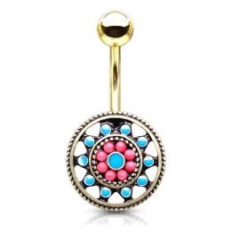 Piercing Nombril Mandala Turquoise Doré PVD 10 mm | Piercing Street