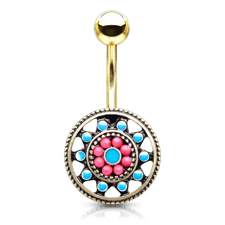 Piercing Nombril Mandala Turquoise Doré PVD 10 mm | Piercing Street