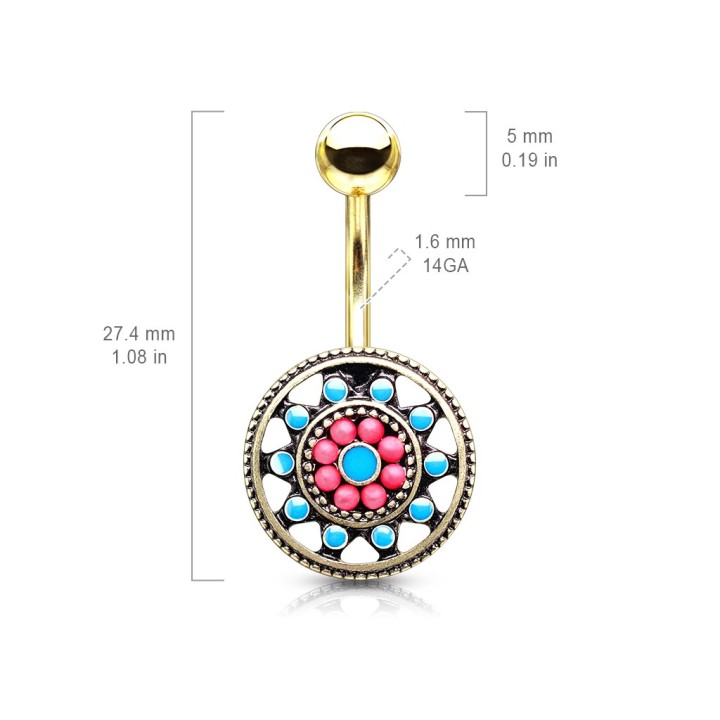 Piercing nombril doré motif rosace tribale - dimensions