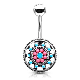 Piercing Nombril Mandala Turquoise Argenté 10 mm | Piercing Street