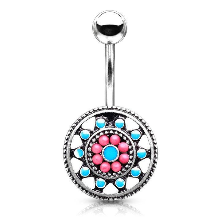 Piercing Nombril Mandala Turquoise Argenté 10 mm | Piercing Street