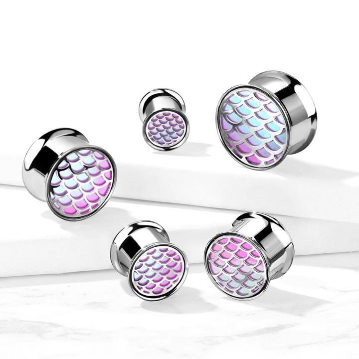 Tunnel oreille acier 316L écaille holographique - tailles 8 mm à 16 mm
