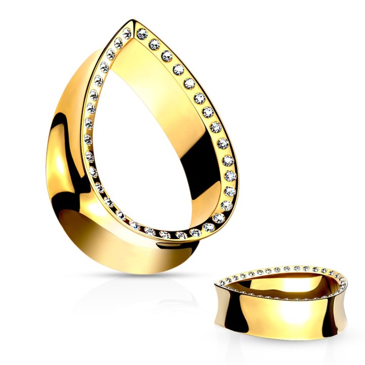 Tunnel Oreille Goutte Cristaux Doré PVD Acier 316L – 8 à 25 mm | Piercing Street