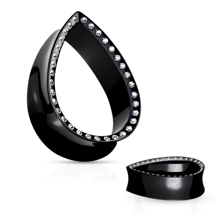 Tunnel Oreille Goutte Cristaux Noir Acier 316L – 8 à 25 mm | Piercing Street