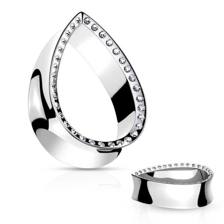 Tunnel Oreille Goutte Cristaux Argenté Acier 316L – 8 à 25 mm | Piercing Street