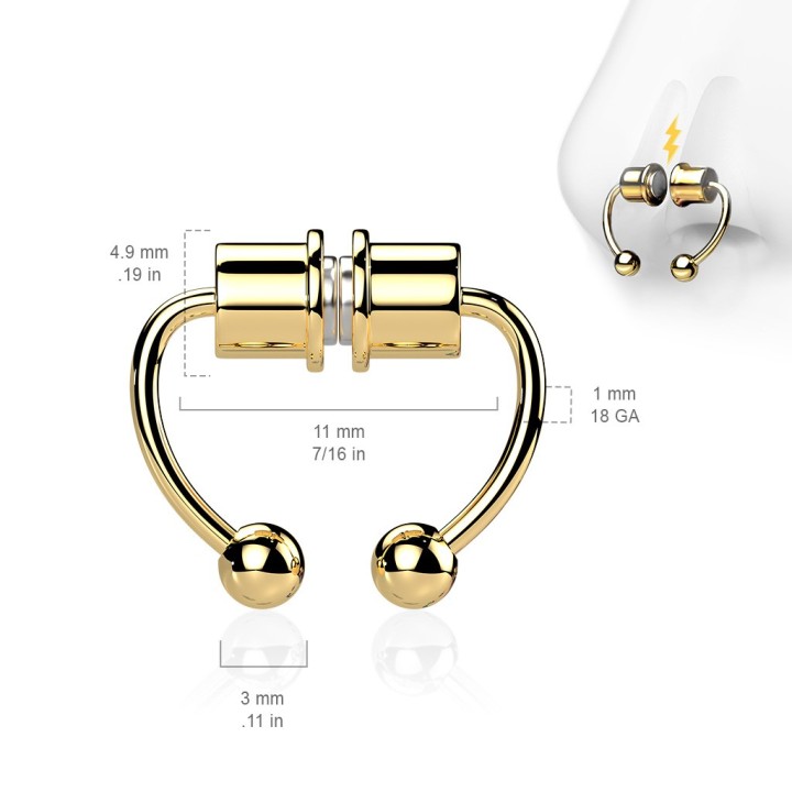 Dimensions du Faux piercing septum magnétique acier doré