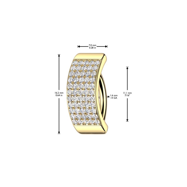 Anneau clicker doré pour nombril 5 rangées zircons blancs - dimensions du bijou