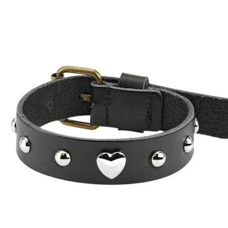 Bracelet femme cuir noir coeur