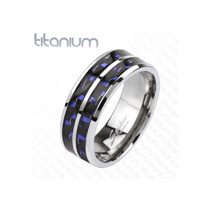 Bague titane fibre de carbone bleu noir