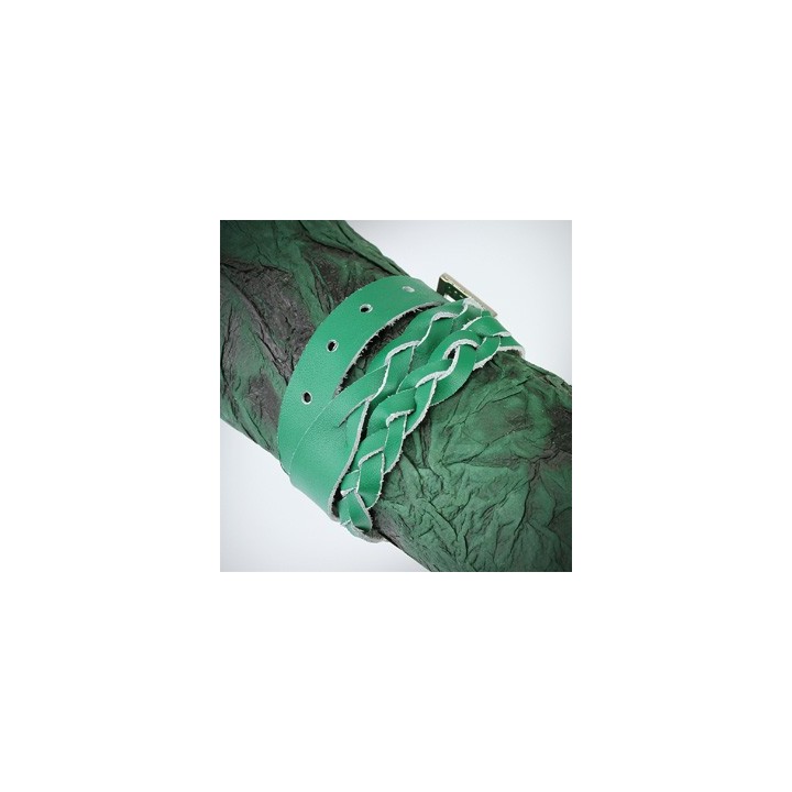 Bracelet cuir vert tressé double