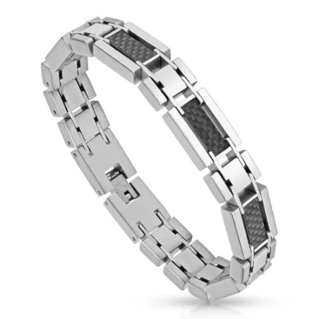 Bracelet homme acier fibre de carbone noire