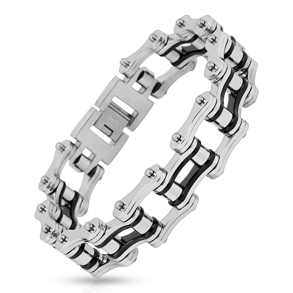 Bracelet homme acier inoxydable chaine de moto argenté et noir