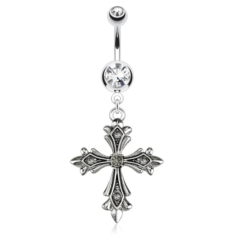 Piercing nombril pendentif croix gothique