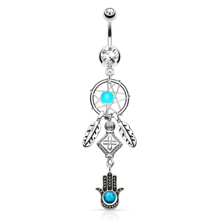 Piercing nombril attrape rêve main de fatma strass clairs