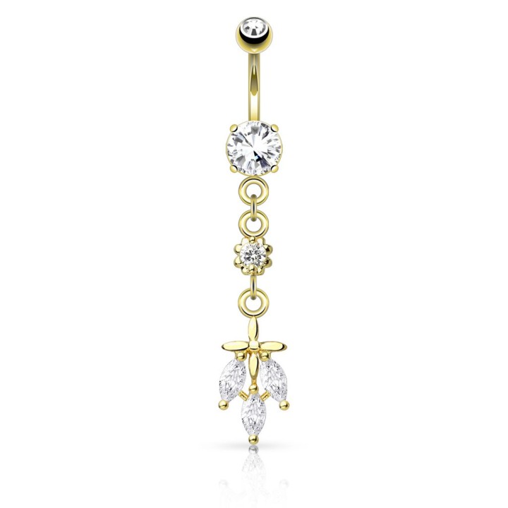 Piercing nombril plaqué or feuille triple pierre
