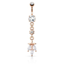 Piercing nombril or rosé feuille triple pierre