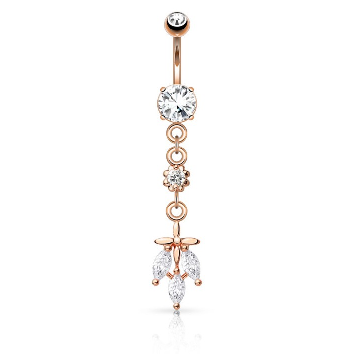 Piercing nombril or rosé feuille triple pierre